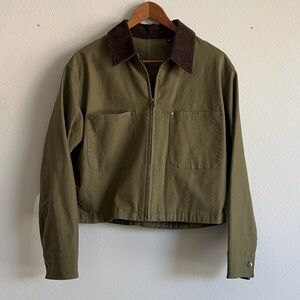 Uniqlo Olive Green Zip-Up Short Jacket with Brown Corduroy Collar